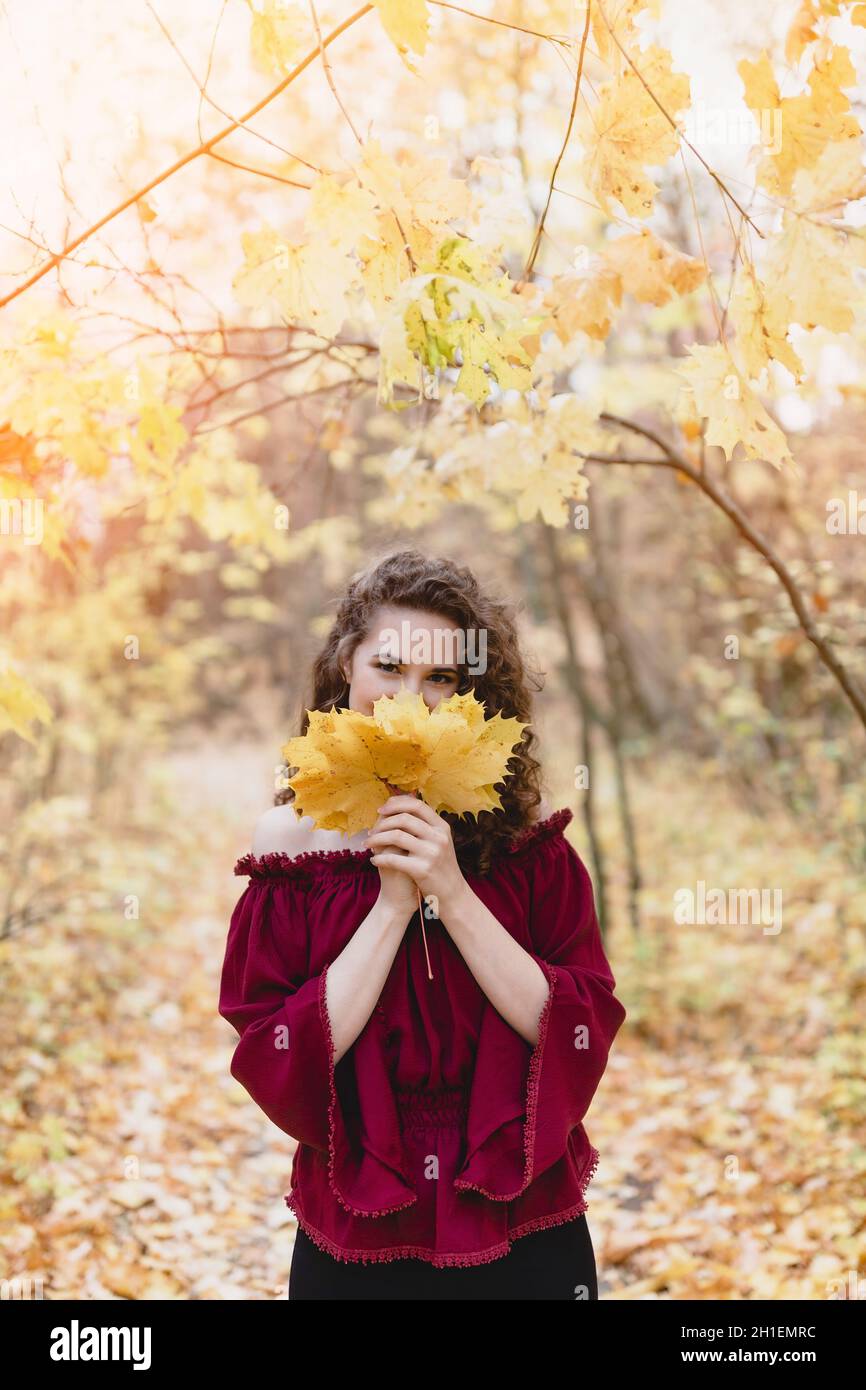 Beautiful young woman with curly dark hair in a red top in an autumn park holding maple leaves and smiling Stock Photo