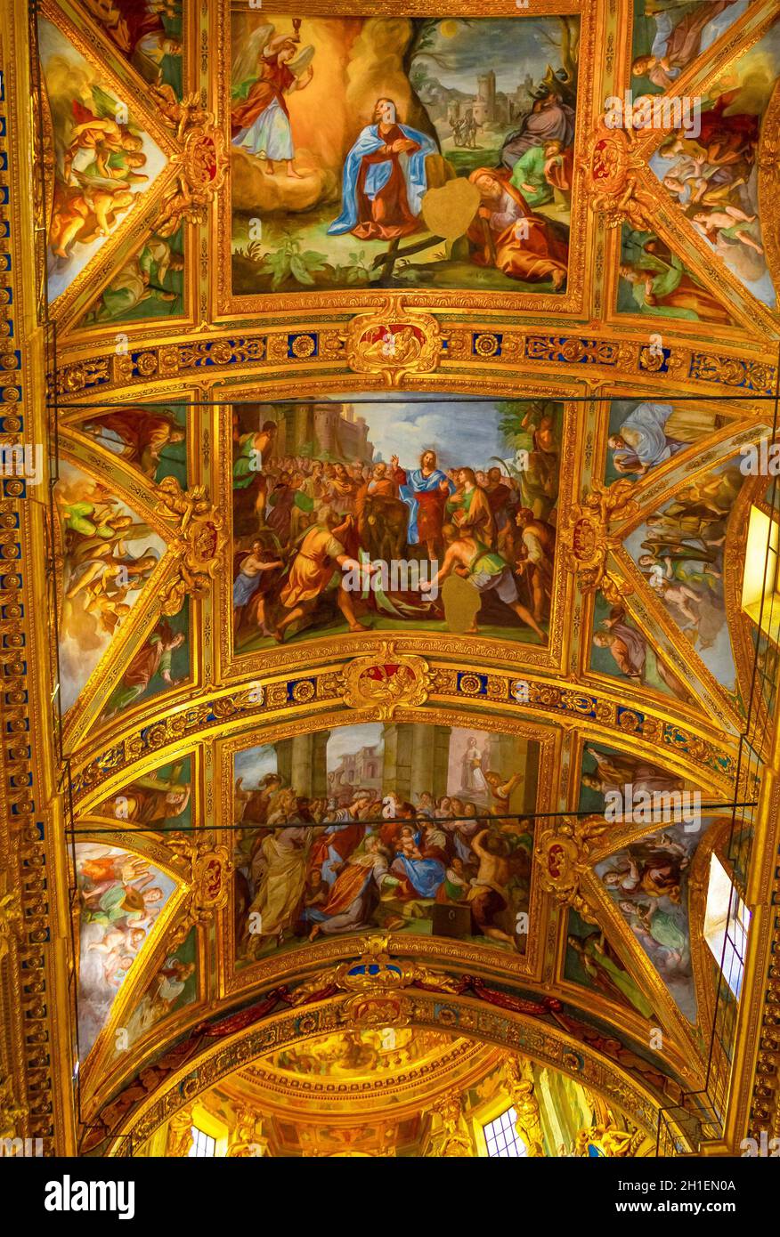 Genoa, Liguria, Italy - September 11, 2019: The baroque paintings and golden decorations of Santissima Annunziata del Vastato, Catholic church in Geno Stock Photo