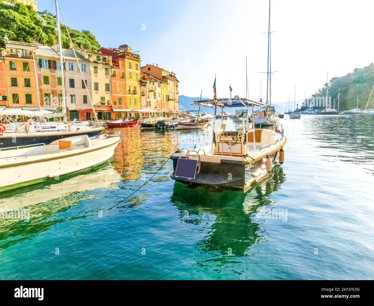 Beautiful bay with colorful houses in Portofino, Liguria, at Italy Stock Photo