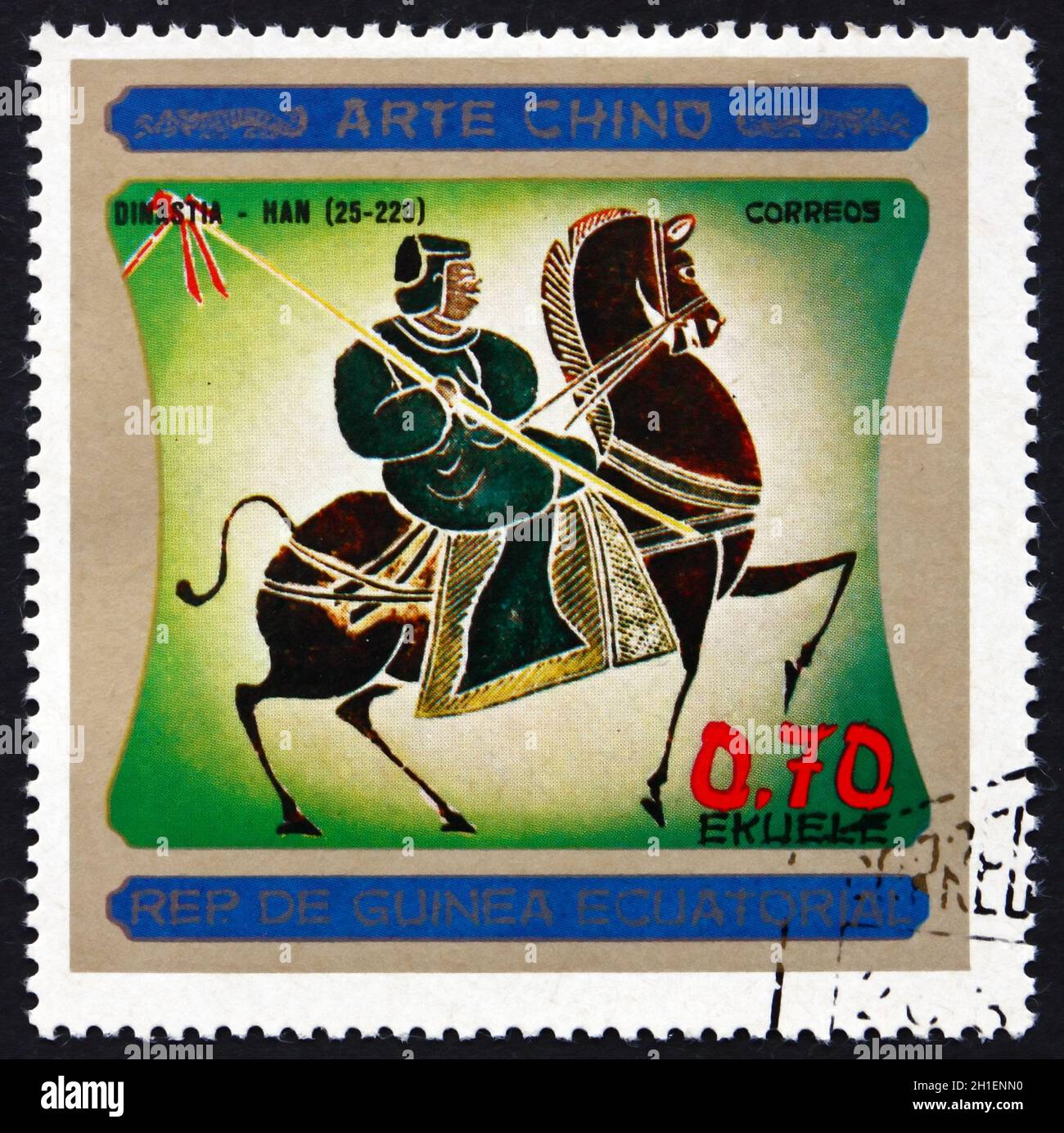 EQUATORIAL GUINEA - CIRCA 1977: a stamp printed in Equatorial Guinea shows Chinese Horse Painting, Chinese Art, Dynasty Han, circa 1977 Stock Photo