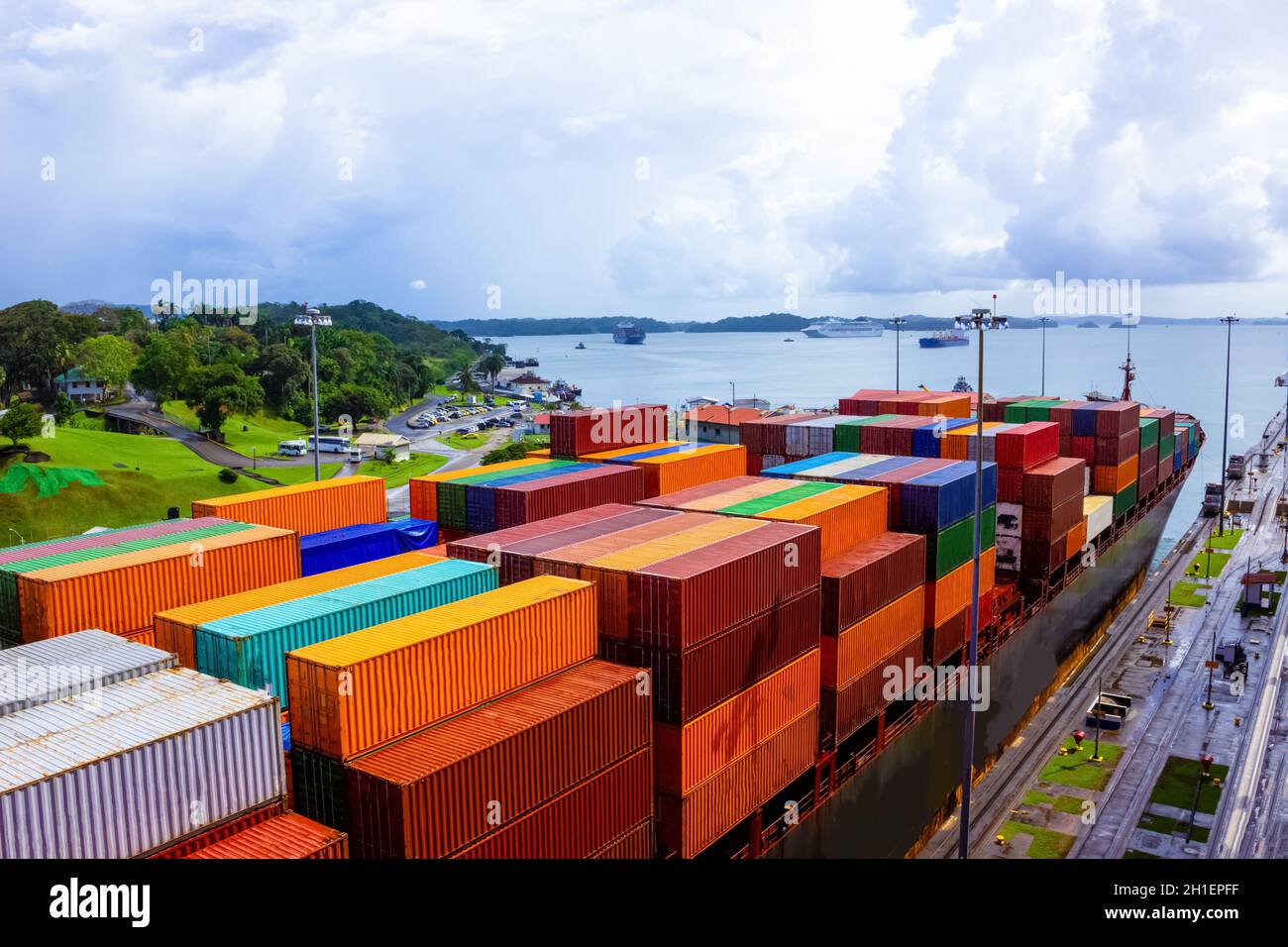 View of Panama Canal, Gatun lake and cargo ship from cruise ship at ...
