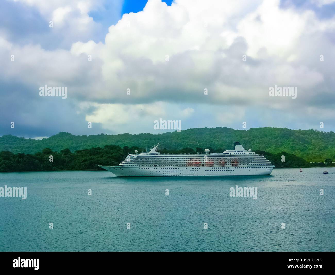 Gatun lake near Panama canal - transit of larger ships with cargo and ...
