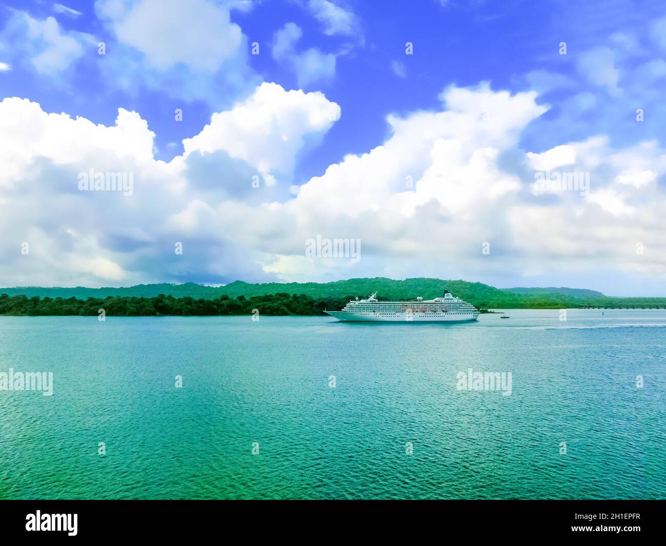 Gatun lake near Panama canal - transit of larger ships with cargo and ...