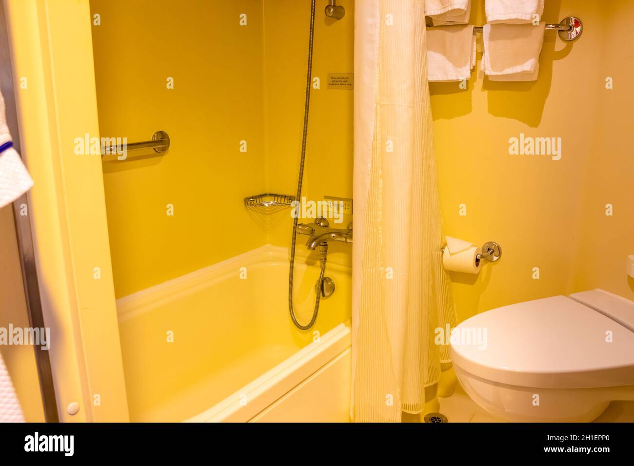 Bathroom with shower cabin, toilet on a cruise ship. Interior of inside cabin Stock Photo Alamy