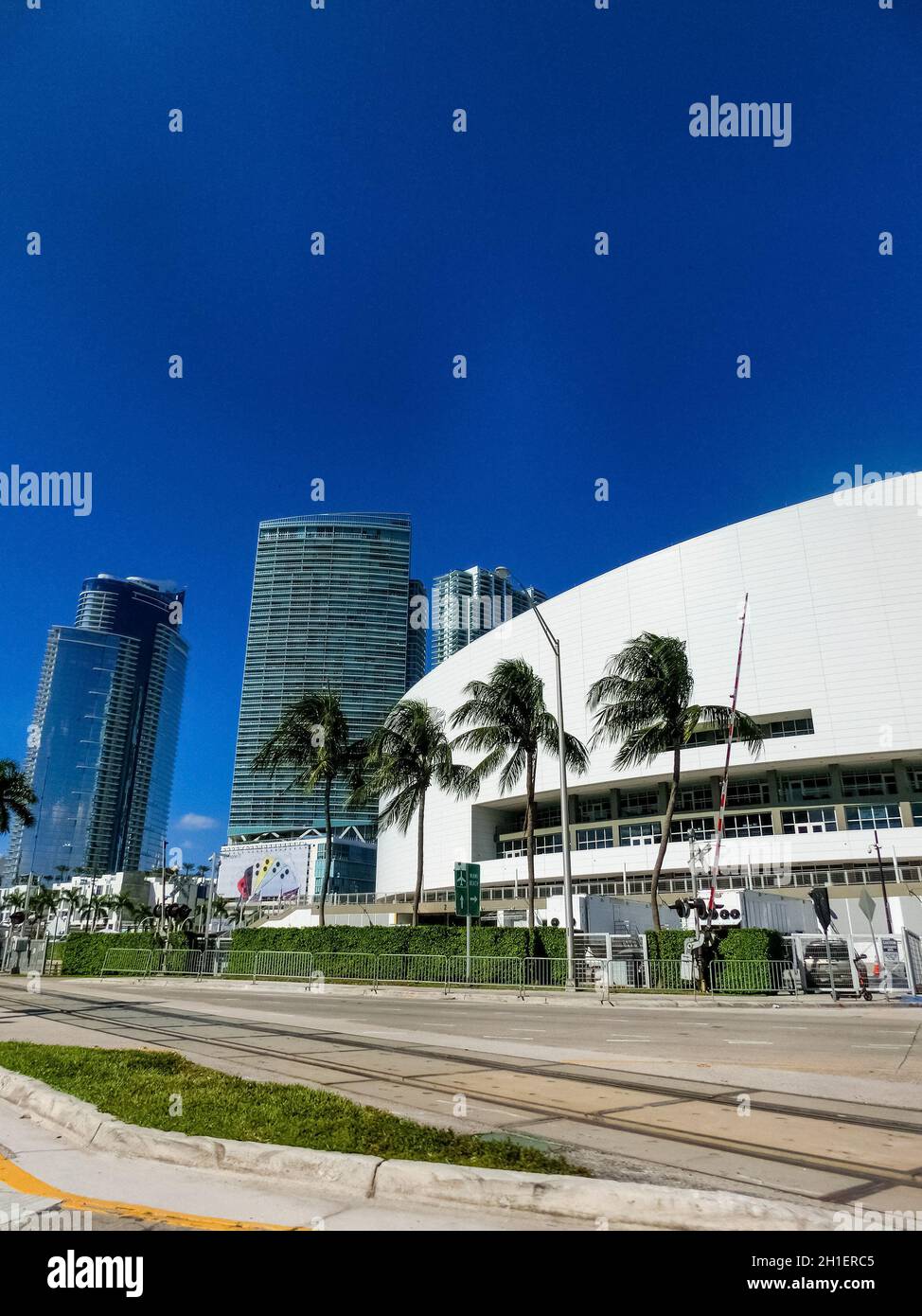 Miami, USA - November 30, 2019: Downtown Miami cityscape view with condos and office buildings against blue sky. Stock Photo