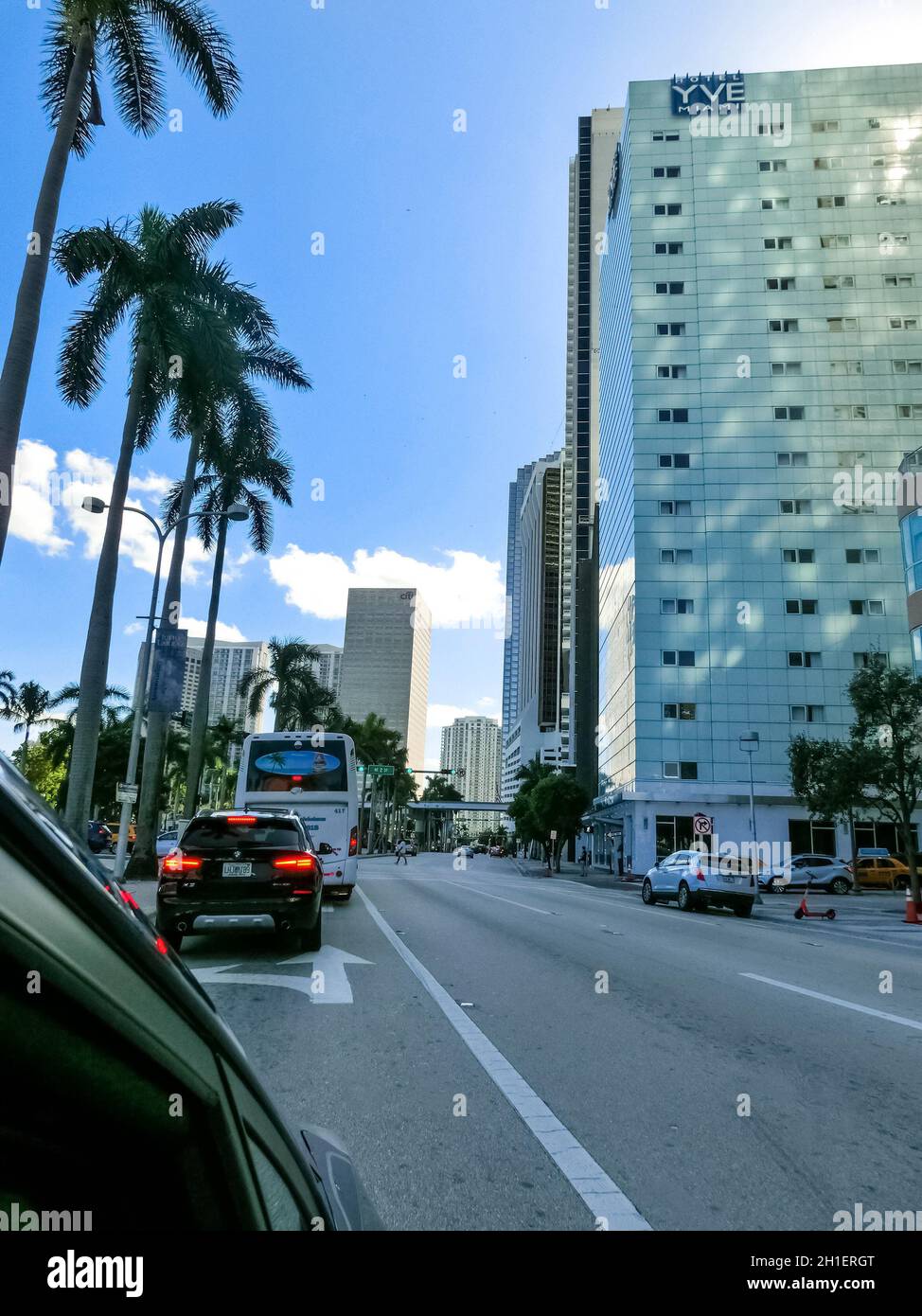 Miami, USA - November 30, 2019: Downtown Miami cityscape view with condos and office buildings against blue sky. Stock Photo