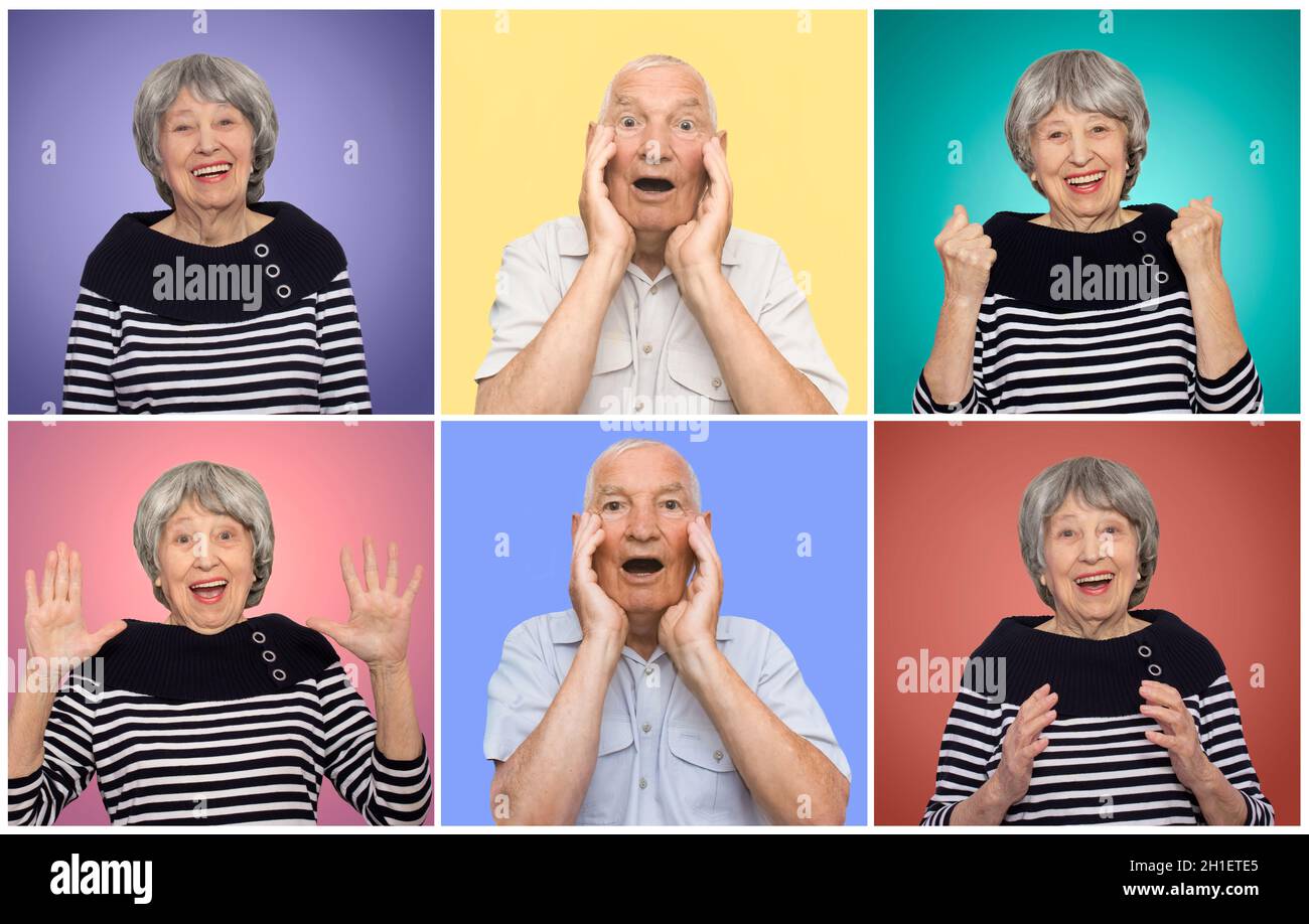 The collage from different emotions of senior woman and man. Old couple with surprised expression on faces on colored studio background. Human emotion Stock Photo