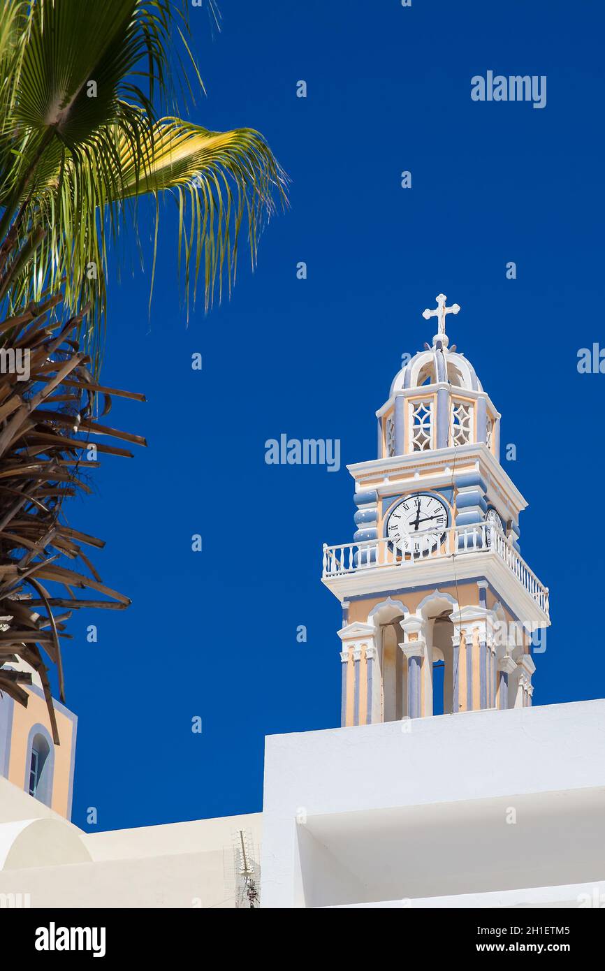 Bell tower of the Saint John the Baptist church in the city of Fira in ...