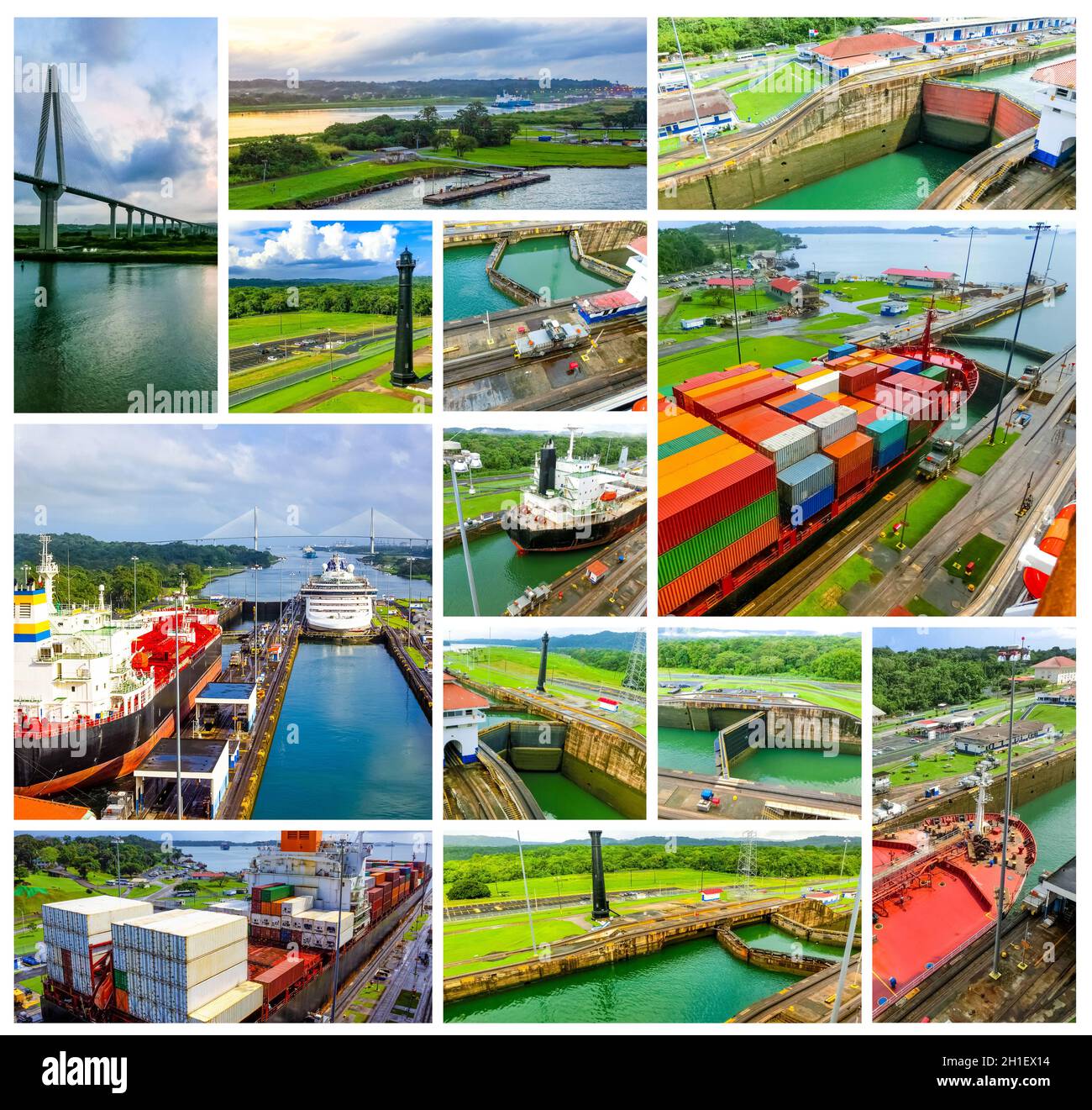 View of Panama Canal from cruise ship at Panama. Collage Stock Photo