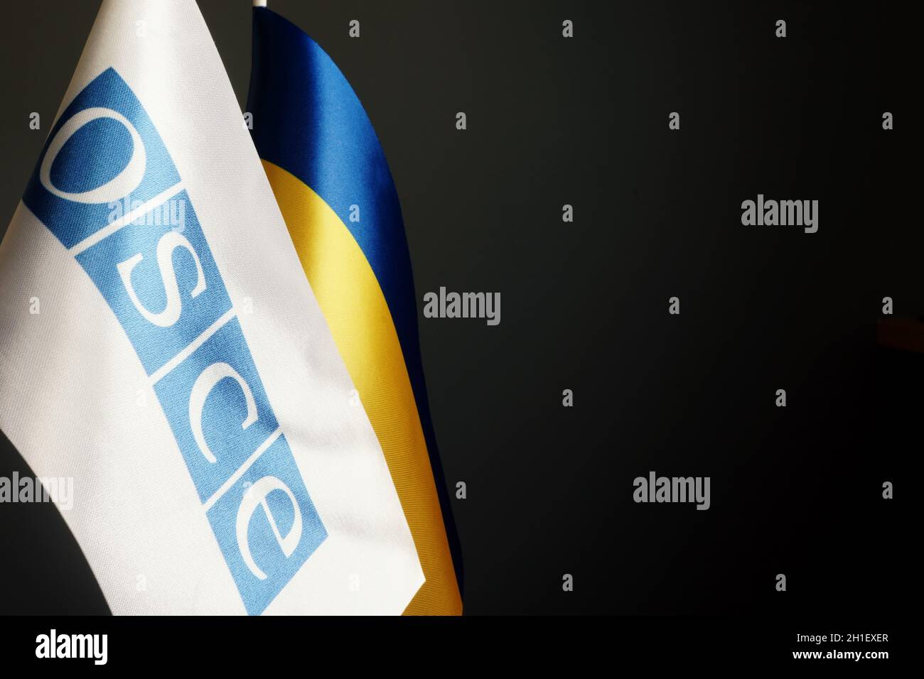 OSCE and Ukrainian flags in the dark. Stock Photo