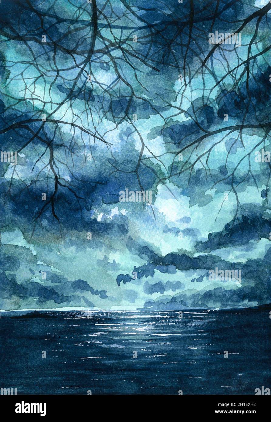 Watercolor painting. Cloudy blue sky, moonlight and sea. Painted by the