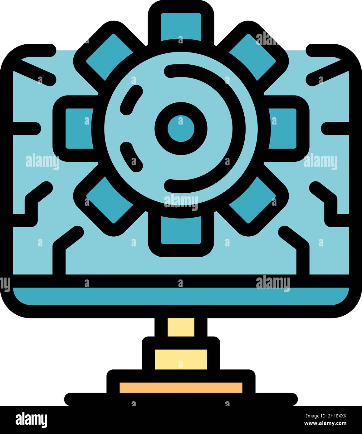 Computer and gear icon. Outline computer and gear vector icon color ...