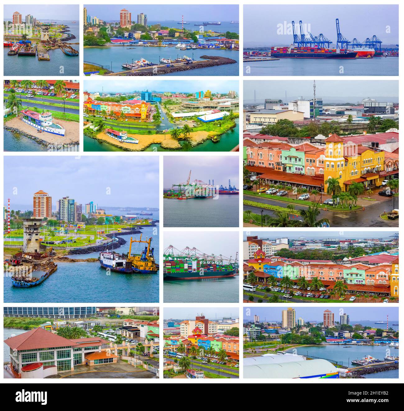 Colon is a sea port on the Caribbean Sea coast of Panama. The city lies near the Caribbean Sea entrance to the Panama Canal. Collage Stock Photo