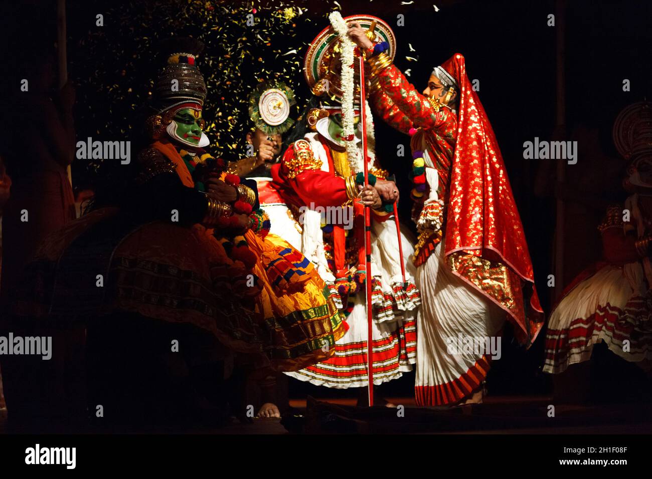 Kathakali is a famous dance-drama of south indian state of Kerala. Arjuna (pacha) and Subhadra (minukku) characters.  Story of Katha Subhadra Haranam Stock Photo