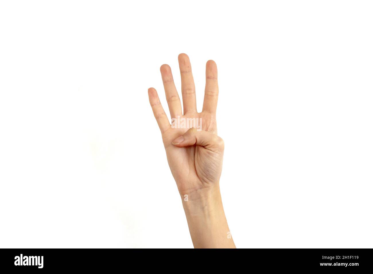 Counting hand sign number 4 isolated on white background Stock Photo