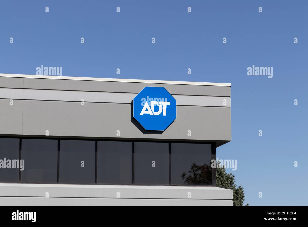 Indianapolis - Circa October 2021: ADT Security Services office. ADT provides electronic security, fire protection, and other related alarm monitoring Stock Photo