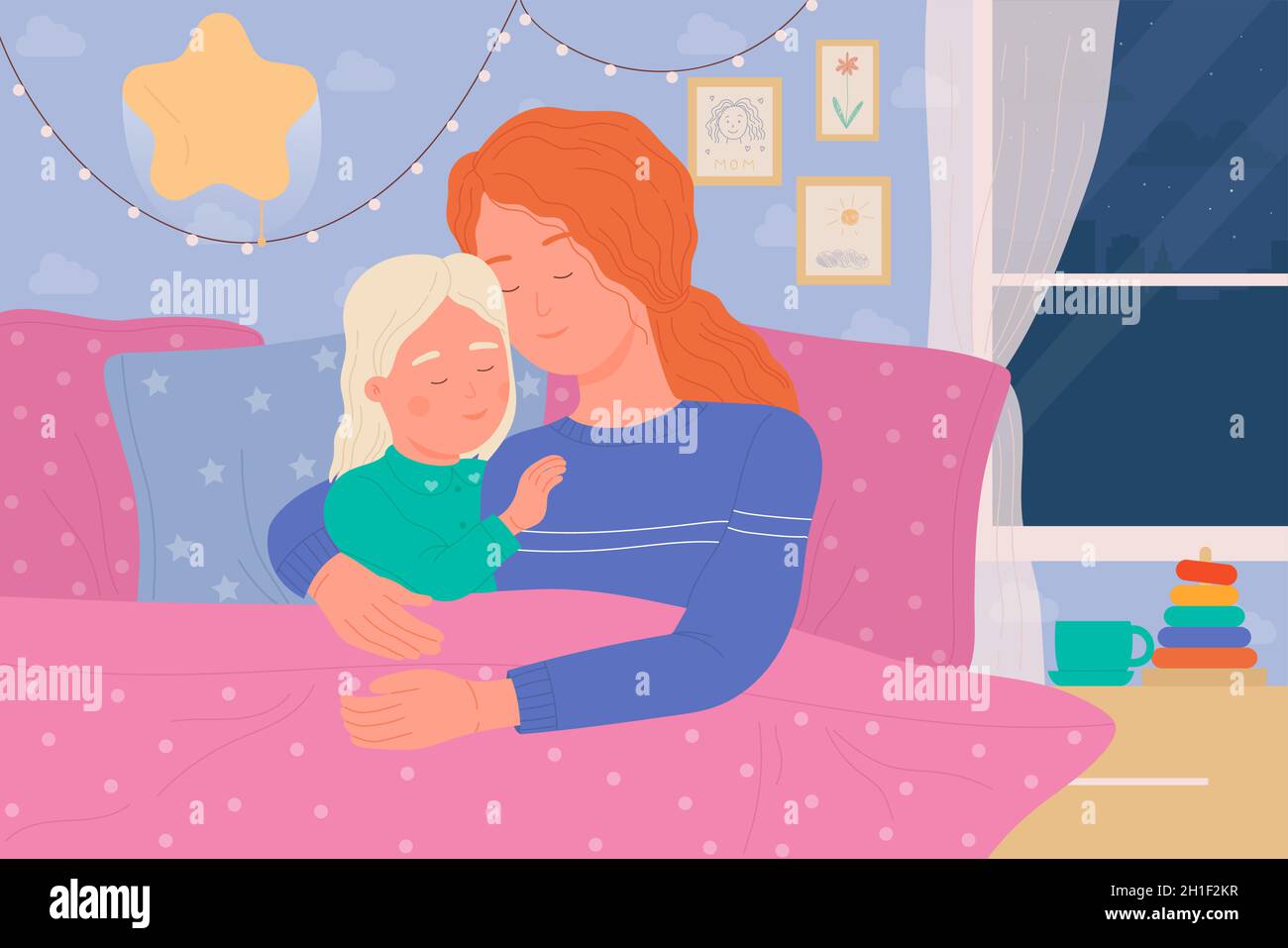 Mother and child sleep in bed of home bedroom vector illustration. Cartoon  woman parent character embracing