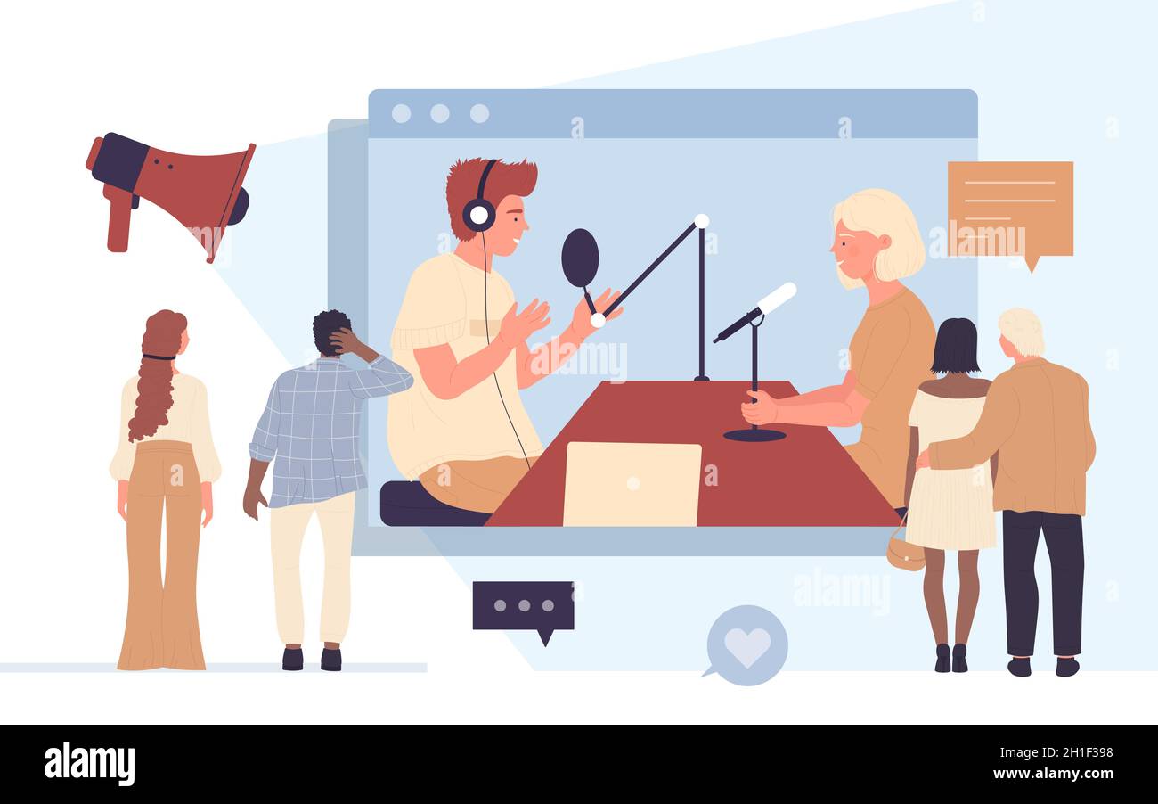 Tv studio video broadcast interview vector illustration. Cartoon