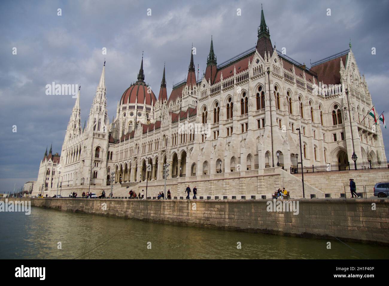 BUDAPEST, HUNGARY - 03 MAR 2019: Exterior view of the Parliament building of Hungary on the Danube. The Hungarian Parliament, richly decorated inside Stock Photo