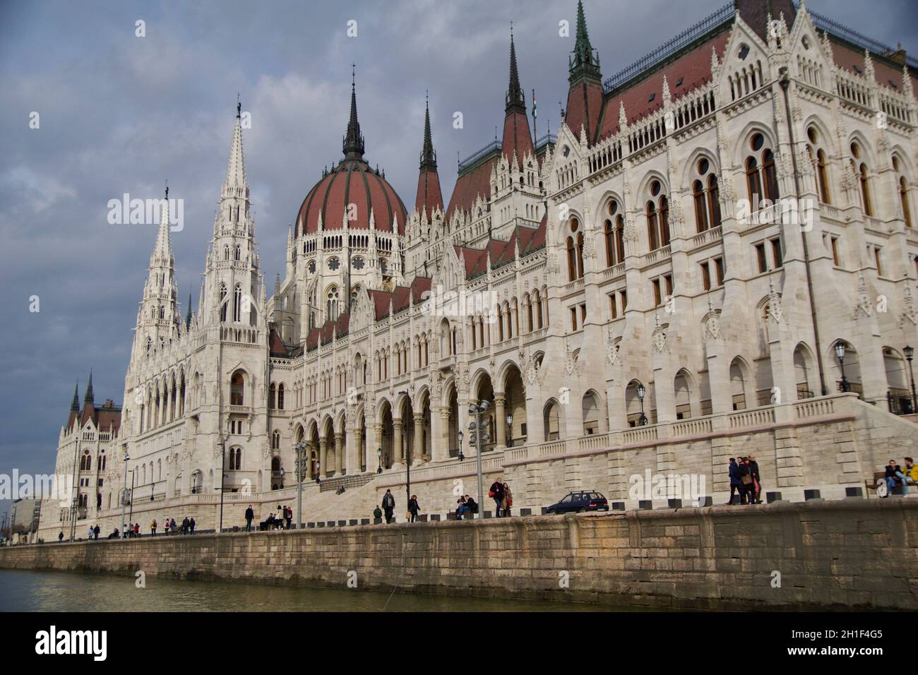 BUDAPEST, HUNGARY - 03 MAR 2019: Exterior view of the Parliament building of Hungary on the Danube. The Hungarian Parliament, richly decorated inside Stock Photo