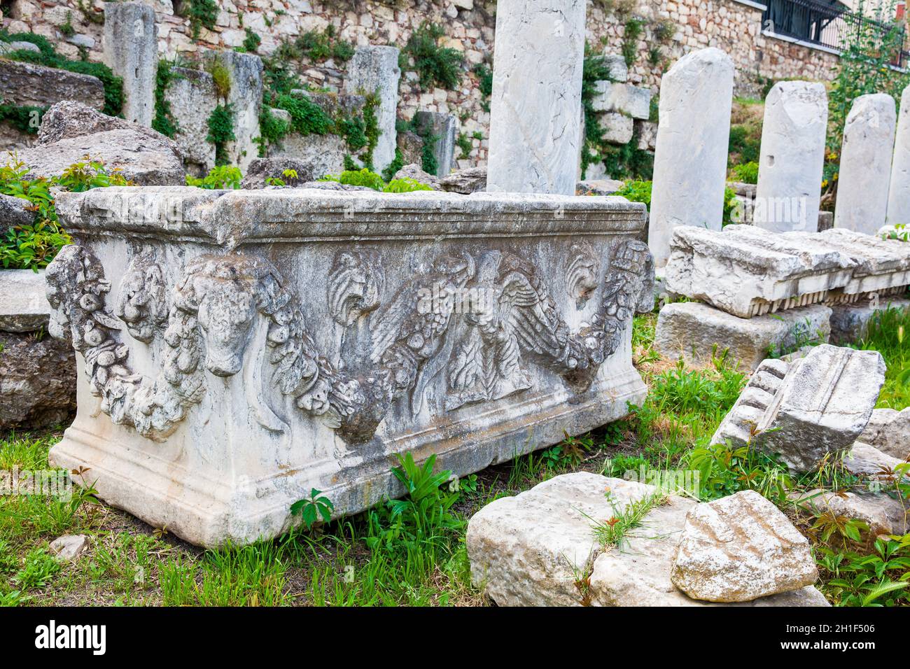 Detail of the ancient ruins at the Roman Agora located to the north of the Acropolis in Athens Stock Photo