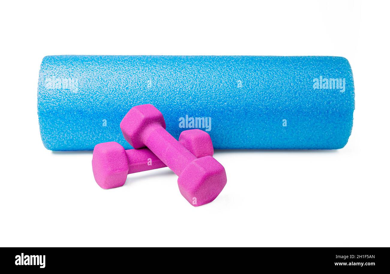 Exercise equipment including dumbbells and foam roller Stock Photo Alamy