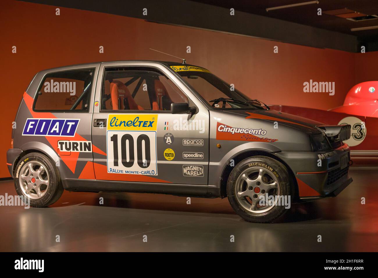 Torino, Italy - August 13, 2021: Fiat Cinquecento Sporting Kit showcased at the National Automobile Museum (MAUTO) in Torino, Italy. Stock Photo