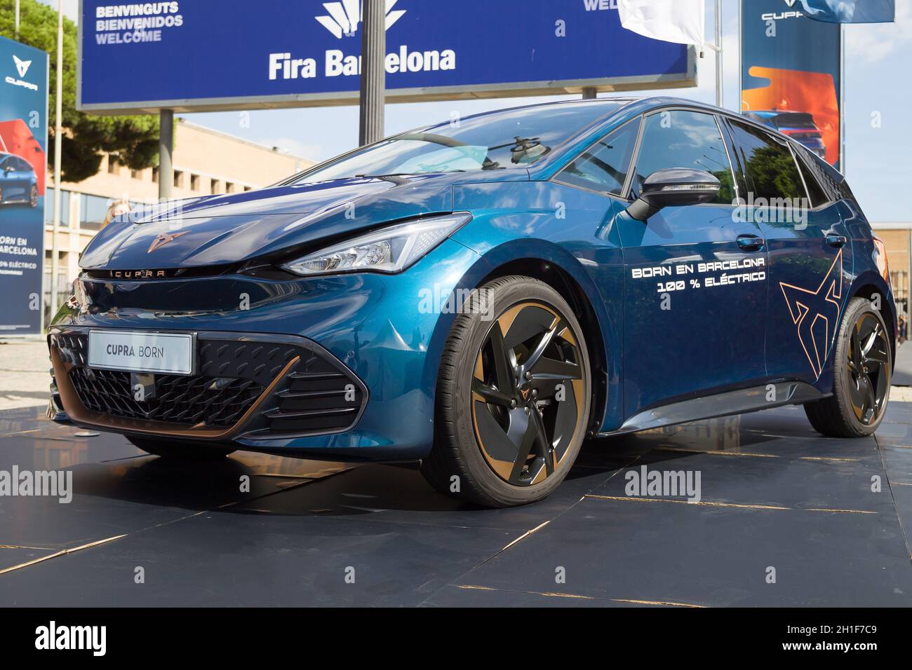 Barcelona, Spain - October 7, 2021: Cupra Born showcased at Automobile Barcelona 2021 in Barcelona, Spain. Stock Photo
