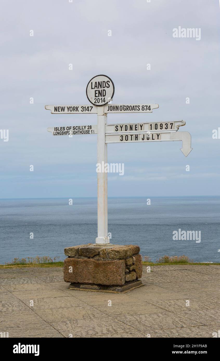 Lands End Sign Post  in Cornwall, United Kingdom Stock Photo