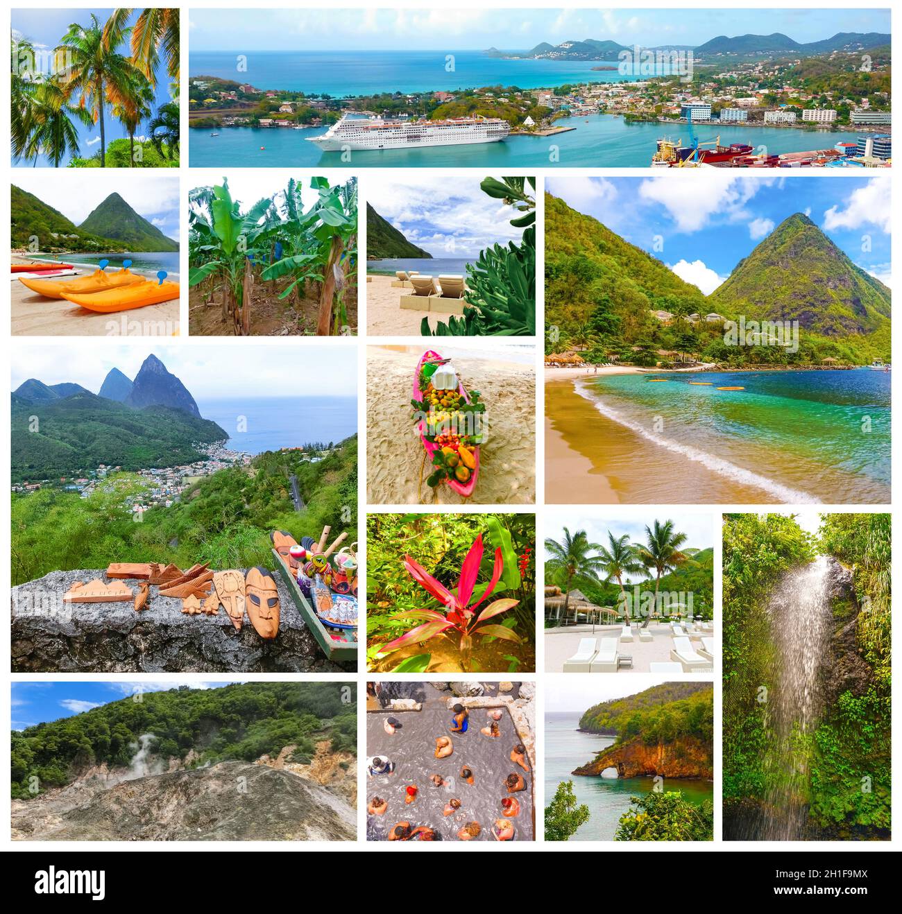 The collage about beautiful beaches in Saint Lucia, Caribbean Islands Stock Photo