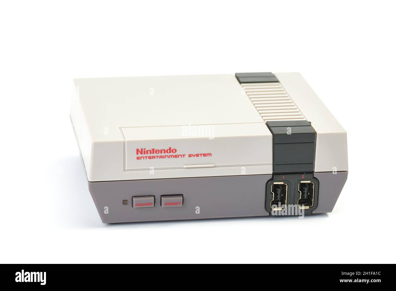 BUDAPEST, HUNGARY - DECEMBER 10, 2017: Nintendo NES classic edition video game console. Modernized version of the original with preinstalled games Stock Photo