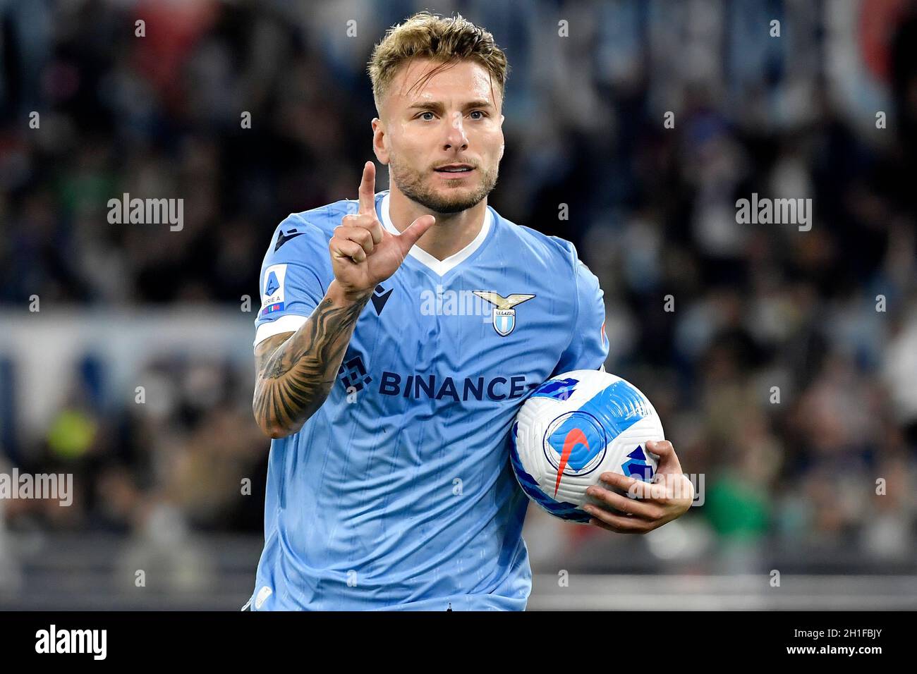 Ciro Immobile of SS Lazio celebrates after scoring on penalty the goal of 1-1 during the Serie A football match between SS Lazio and FC Internazionale at Olimpico stadium in Rome (Italy), October 16th, 2021. Photo Andrea Staccioli / Insidefoto Stock Photo