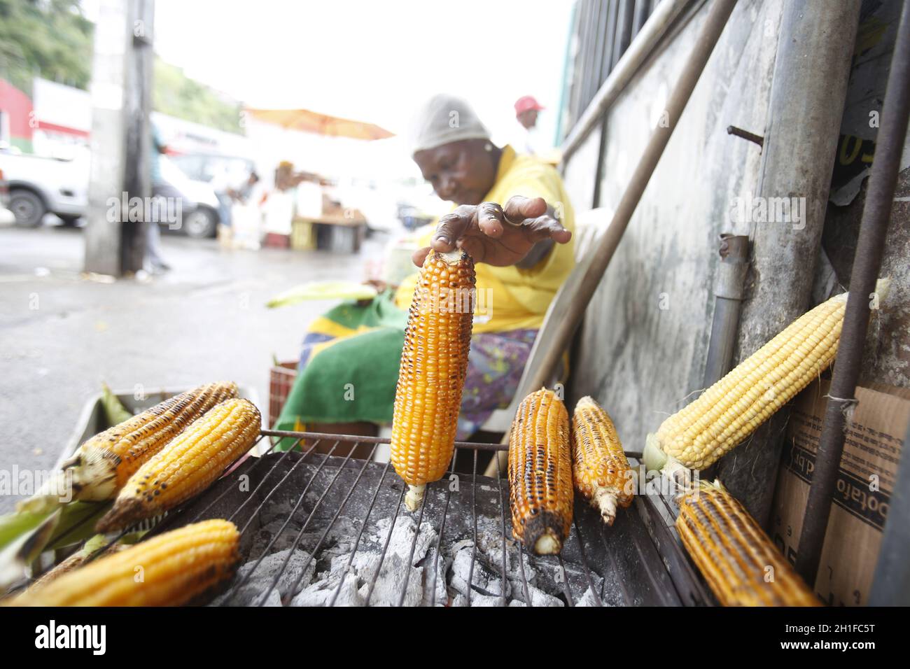 salvador, bahia / brazil - june 17, 2019: roasted corn for sale at the Feira de Sao Joaquim in the city of Salvador. *** Local Caption *** Stock Photo