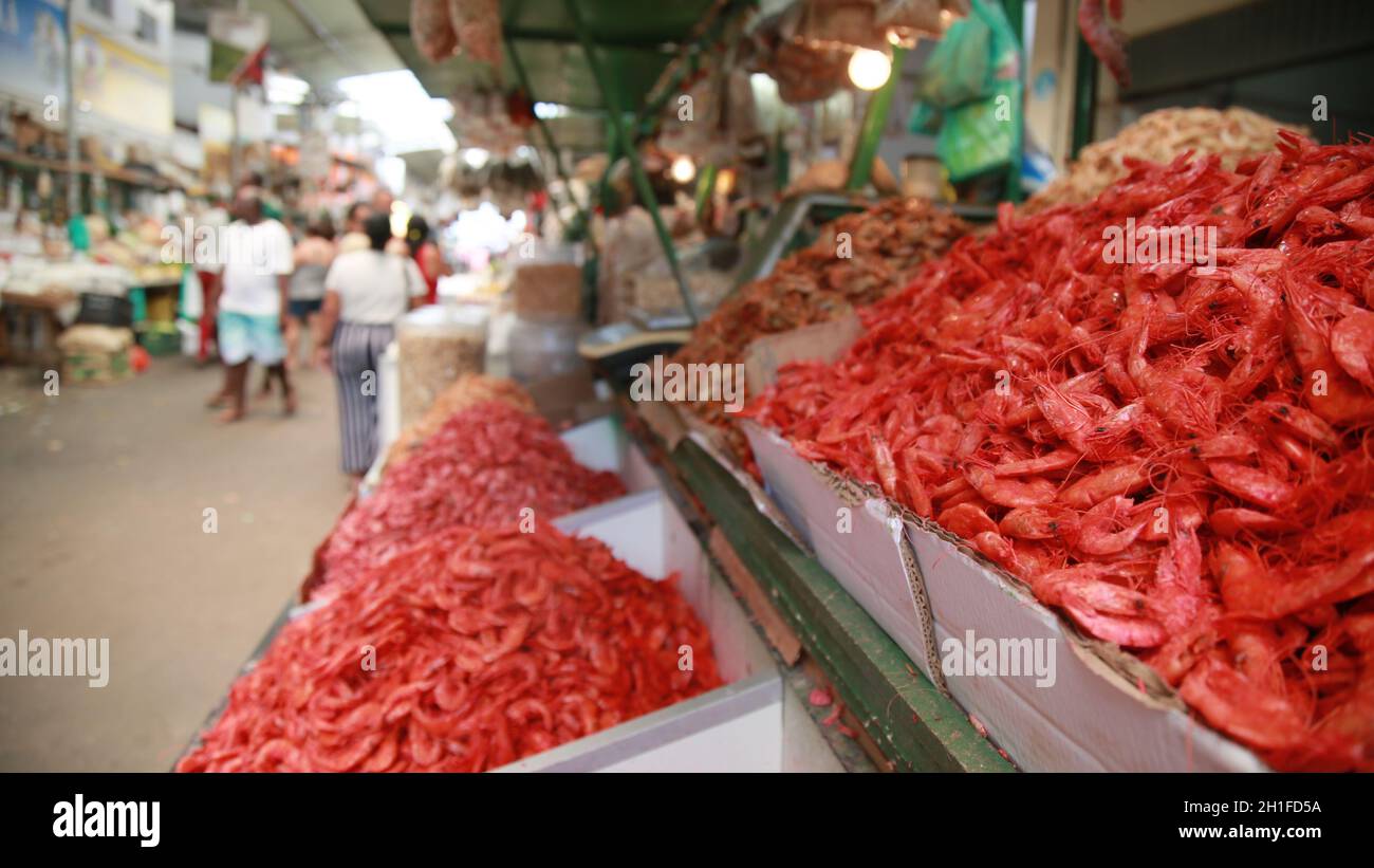 salvador, bahia / brazil - december 210, 2019: Dried shrimp sold at the Sao Joaquim Fair in the city of Salvador. *** Local Caption ***  . Stock Photo