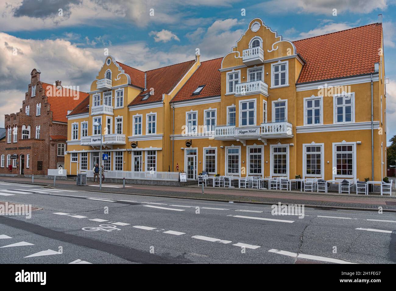 Hotels, restaurants, and shops for shopping on Sankt Laurentii Vej in Skagen. Skagen, Frederikshavn, North Jutland, Vendsyssel-Thy, Denmark, Europe Stock Photo