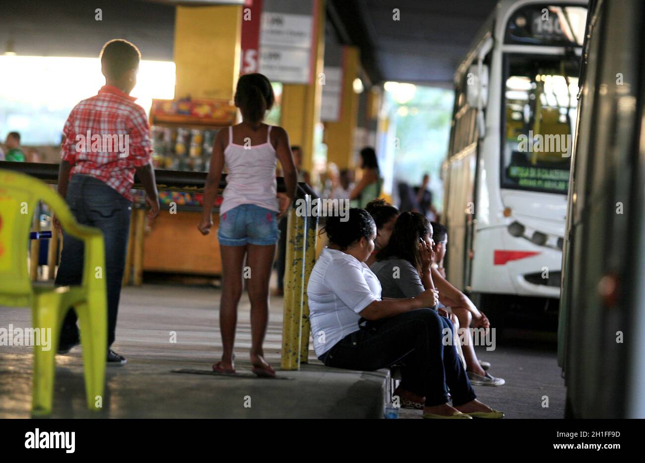 salvador, bahia / brazil - may 26, 2014: Queue of buses stopped near the entrance of Piraja Station in Salvador, is seen during public transport drive Stock Photo