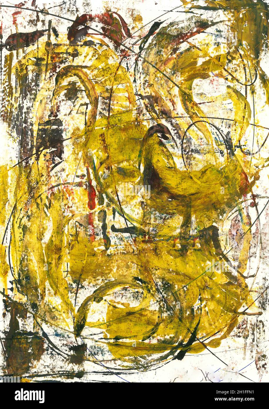 Abstract oil painting in yellow and brown colors. Painted by the