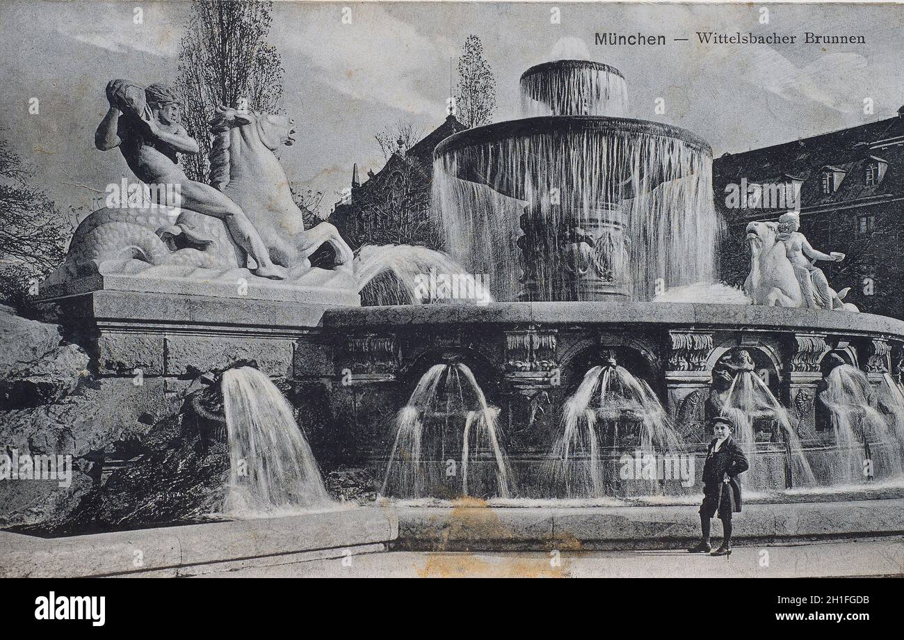 View of the Wittelsbacher fountain in Munich, Germany on an old illustrated postcard Stock Photo