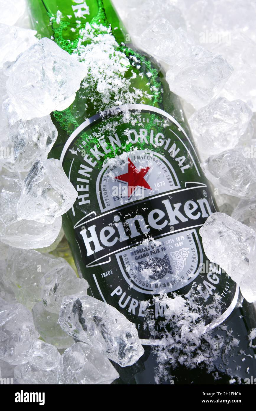 POZNAN, POL MAY 22, 2020 Bottle of Heineken Lager Beer, the flagship