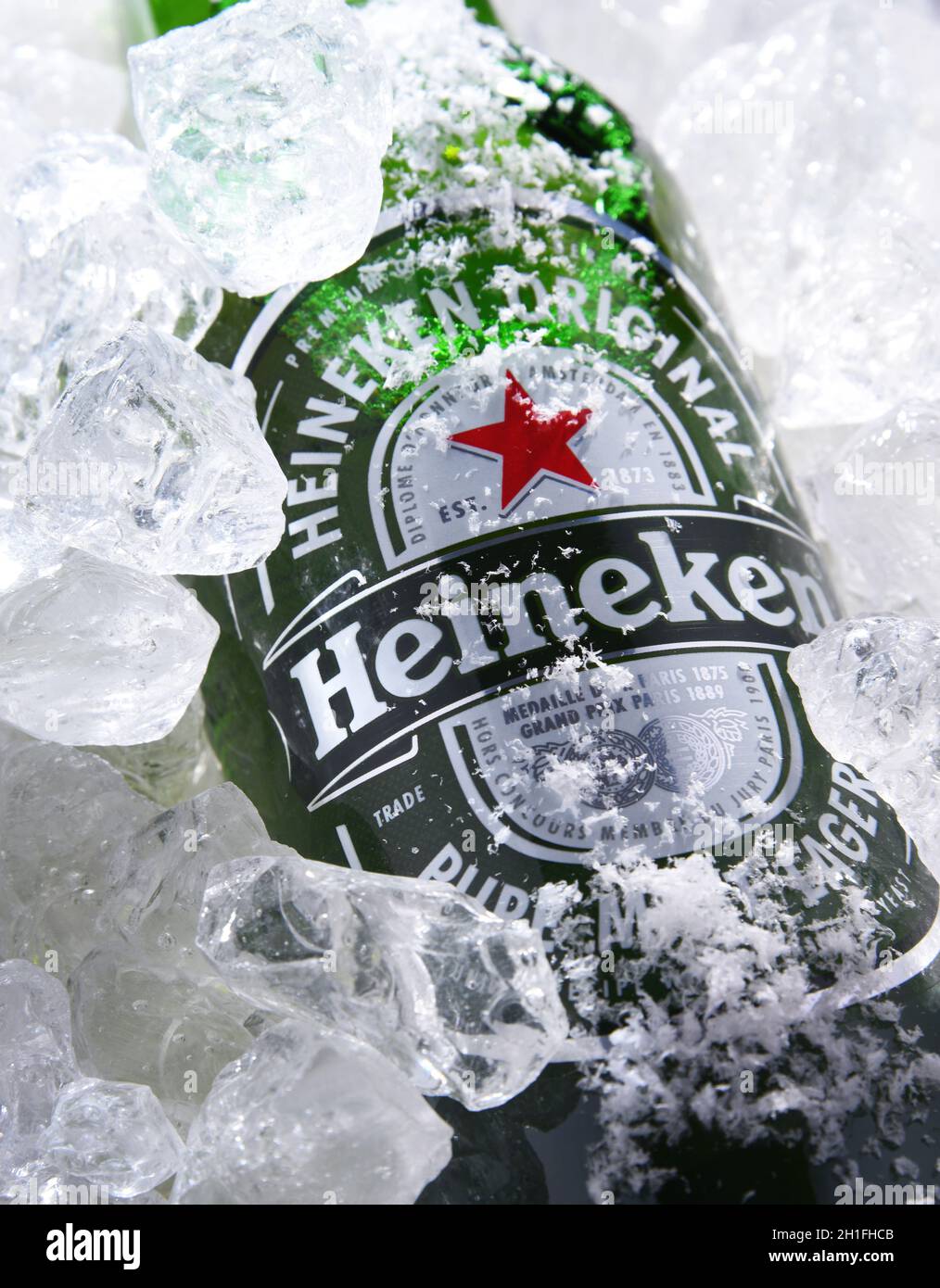 POZNAN, POL MAY 22, 2020 Bottle of Heineken Lager Beer, the flagship