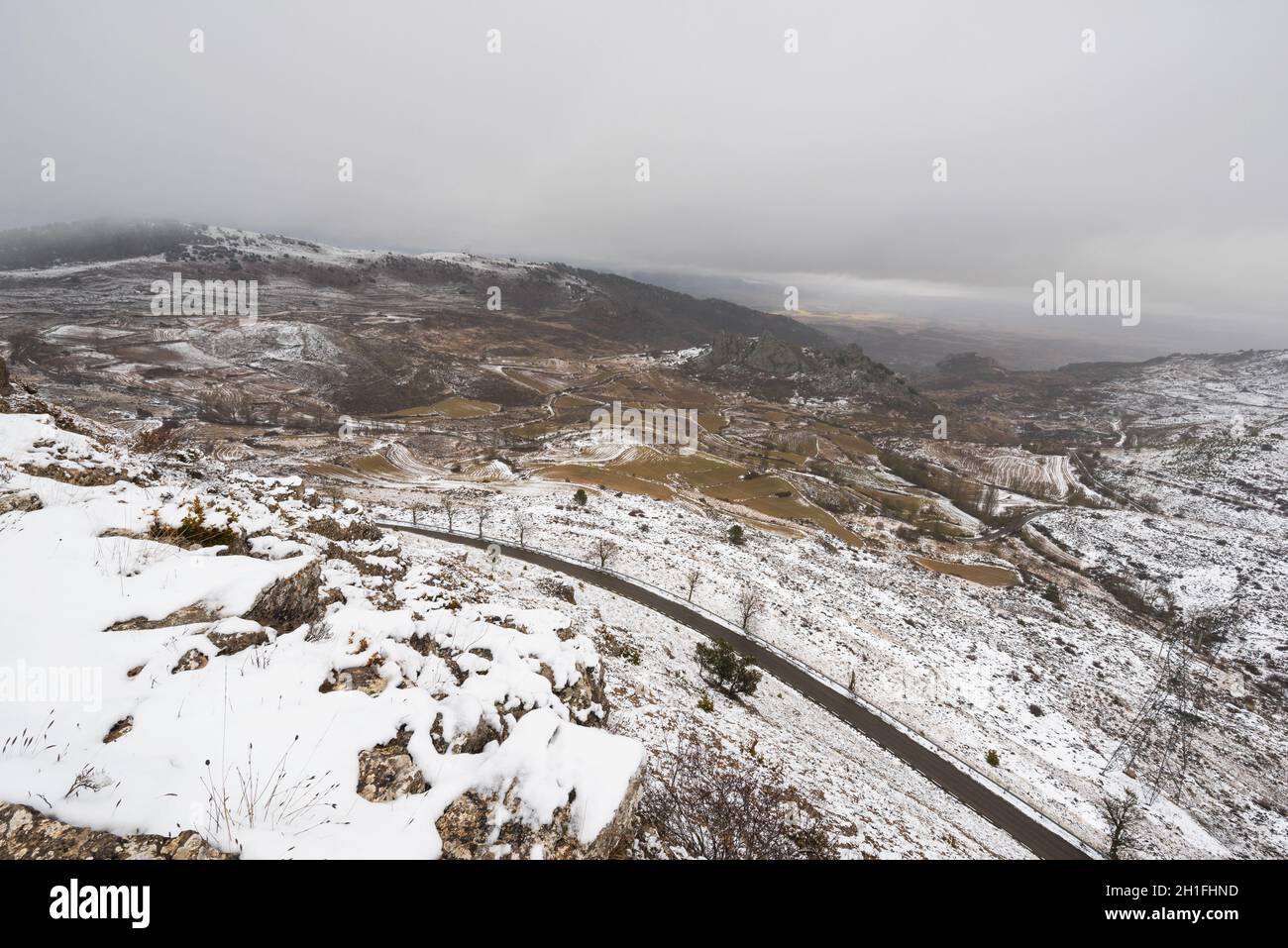 Snowed landscape of Paramo de Masa mountains, in north Burgos province, Spain. Stock Photo