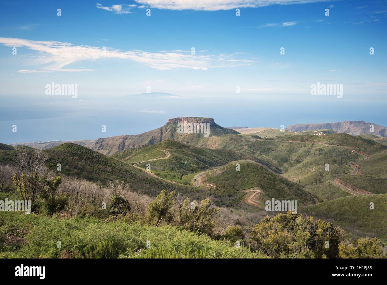 La Gomera landscape viewed from the highest point of the island, El Hierro island is in the background, Canary island, Spain. Stock Photo