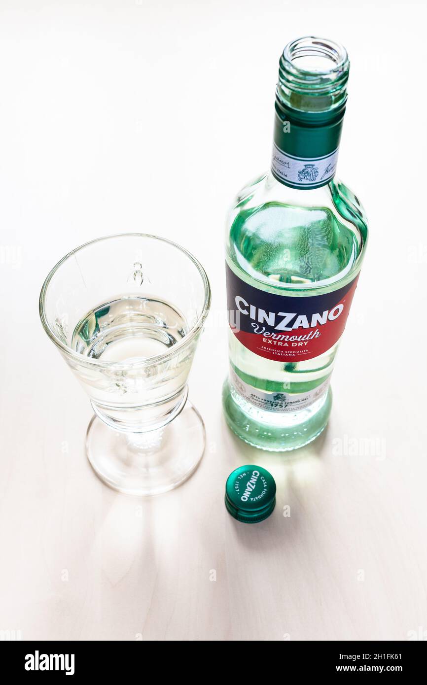 MOSCOW, RUSSIA - JUNE 4, 2020: above view of open bottle of Cinzano ...