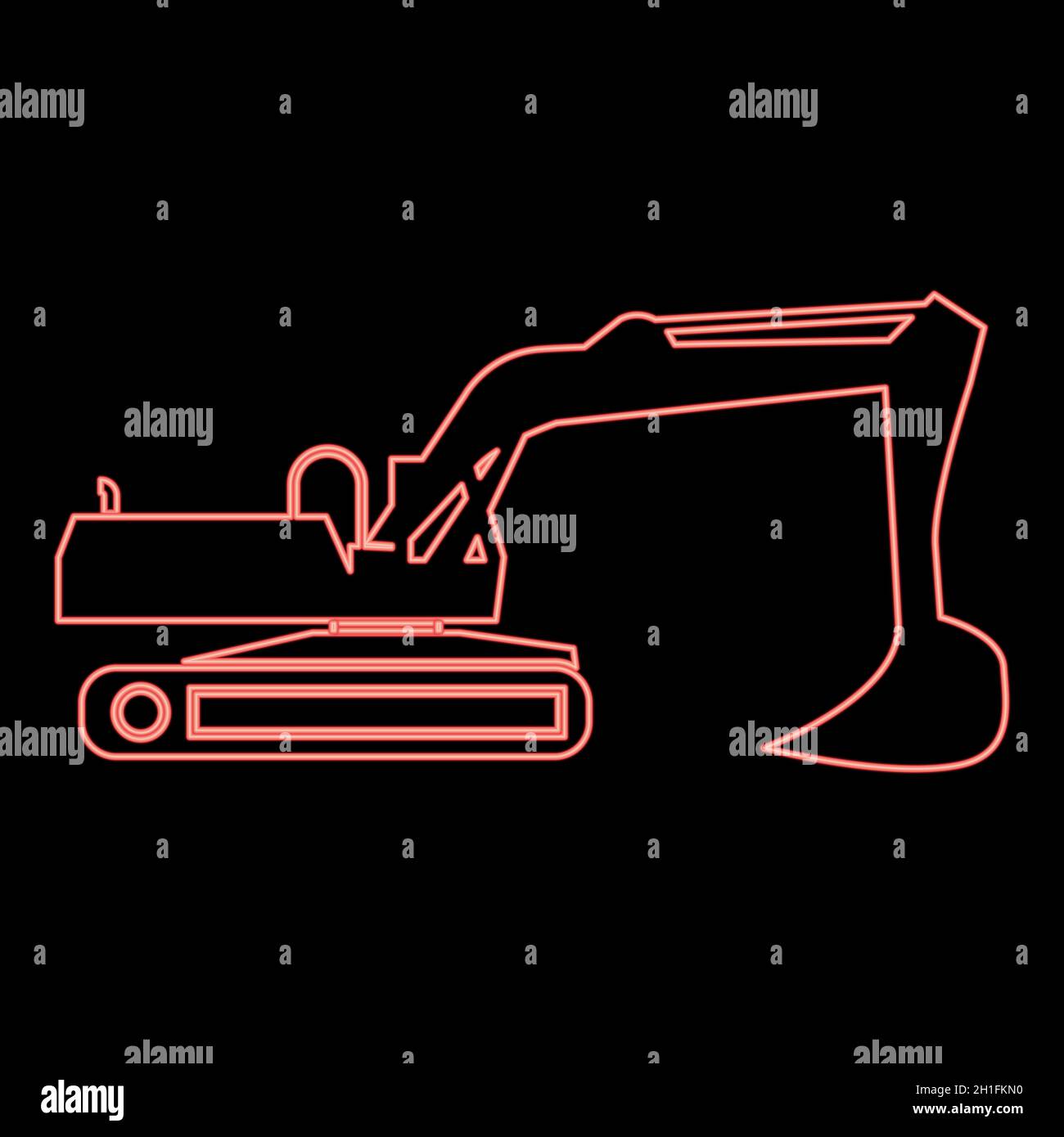 Neon excavator red color vector illustration flat style light image Stock Vector