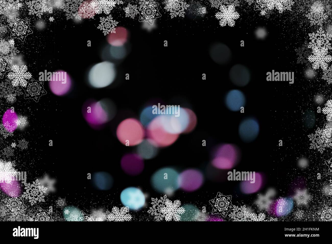 Festive background with bokeh lights and snowflakes on the frames for ...
