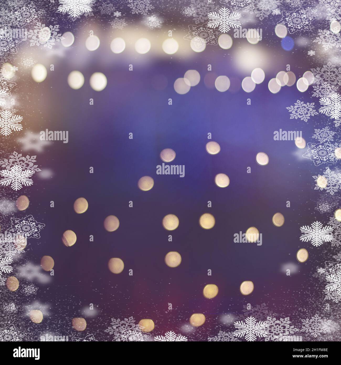 Festive background with bokeh lights and snowflakes on the frames for ...