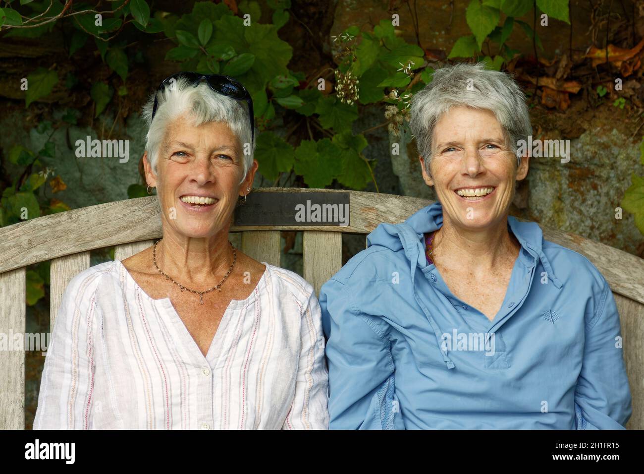 two sisters, grey hair, middle age, smiling, happy, siblings, family, women, people, MR Stock Photo