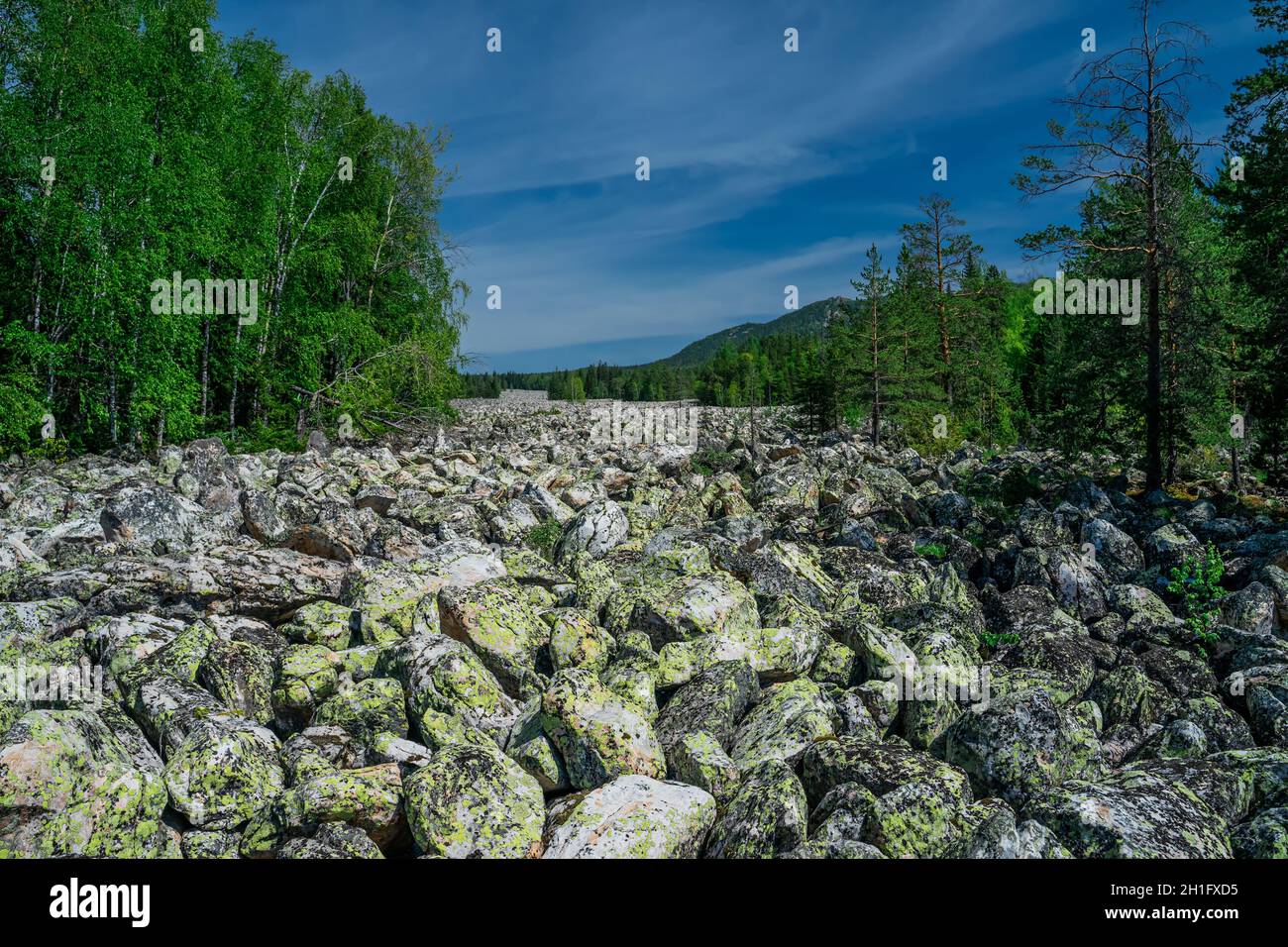 The river of rocks or Stone River. Taganay National Park in Southern Urals, Russia. The Ural mountains. Stock Photo