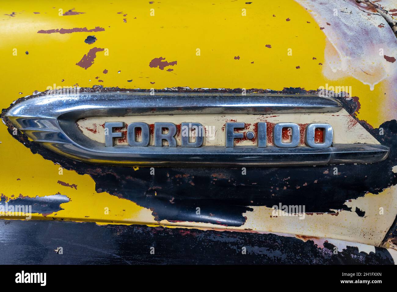 BERLIN - APRIL 27, 2019: Detail of full-size pickup truck Ford F-100 (second generation). Close-up. Stock Photo