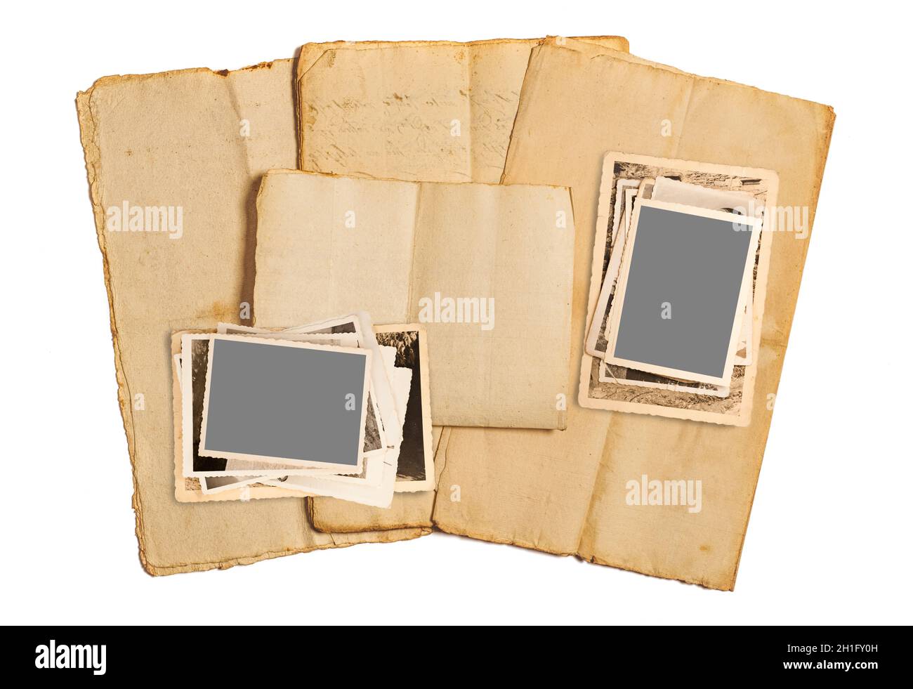 Old pictures  on sheets isolated on white background Stock Photo